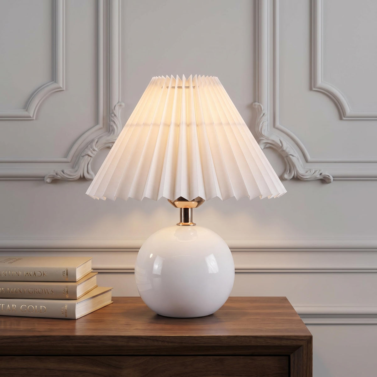 voltnera Ceramic Globe Table Lamp – Walnut Base, Beige Shade