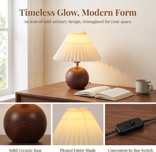 voltnera Ceramic Globe Table Lamp – Walnut Base, Beige Shade