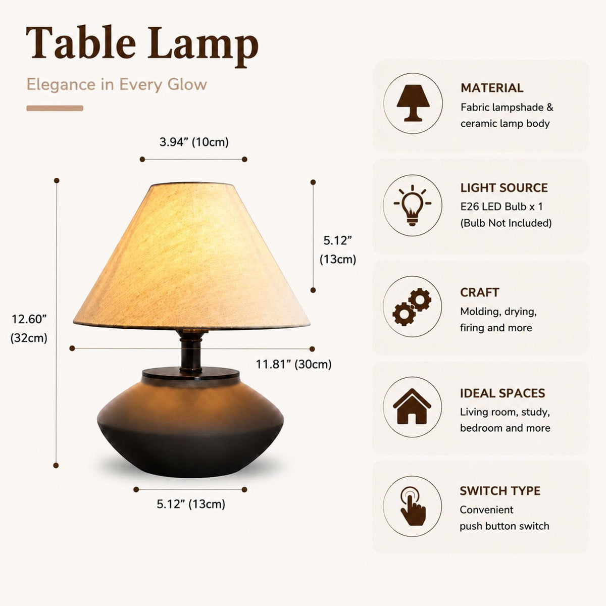 voltnera Farmhouse Ceramic Table Lamp – Black Base, Linen Shade