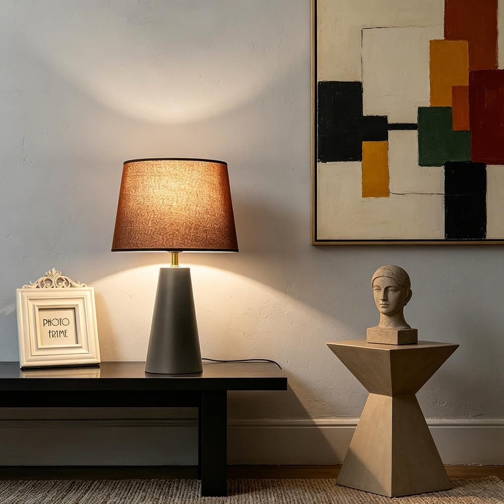 voltnera Modern Bedside Table Lamp – Linen Shade, Black Metal Base