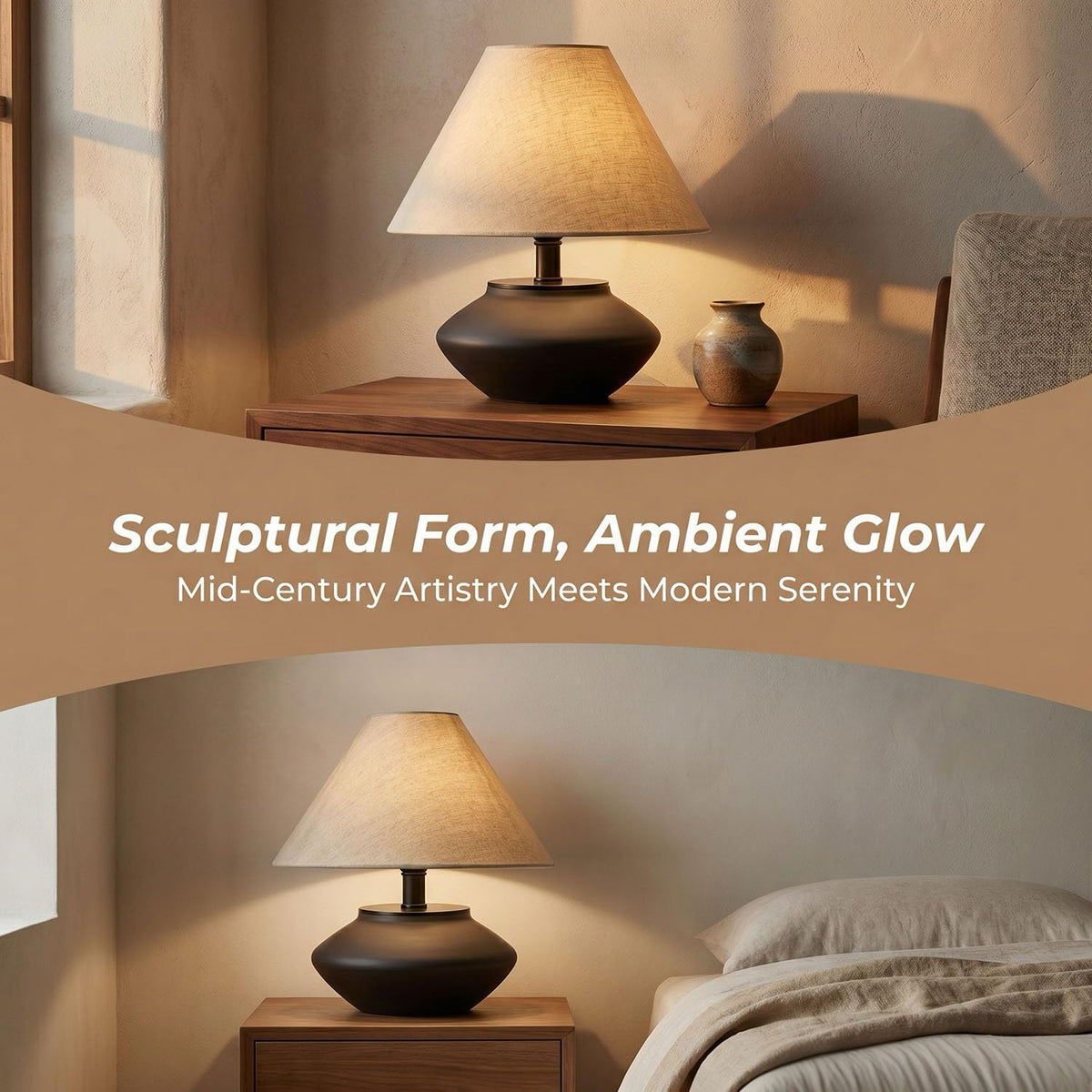 voltnera Farmhouse Ceramic Table Lamp – Black Base, Linen Shade