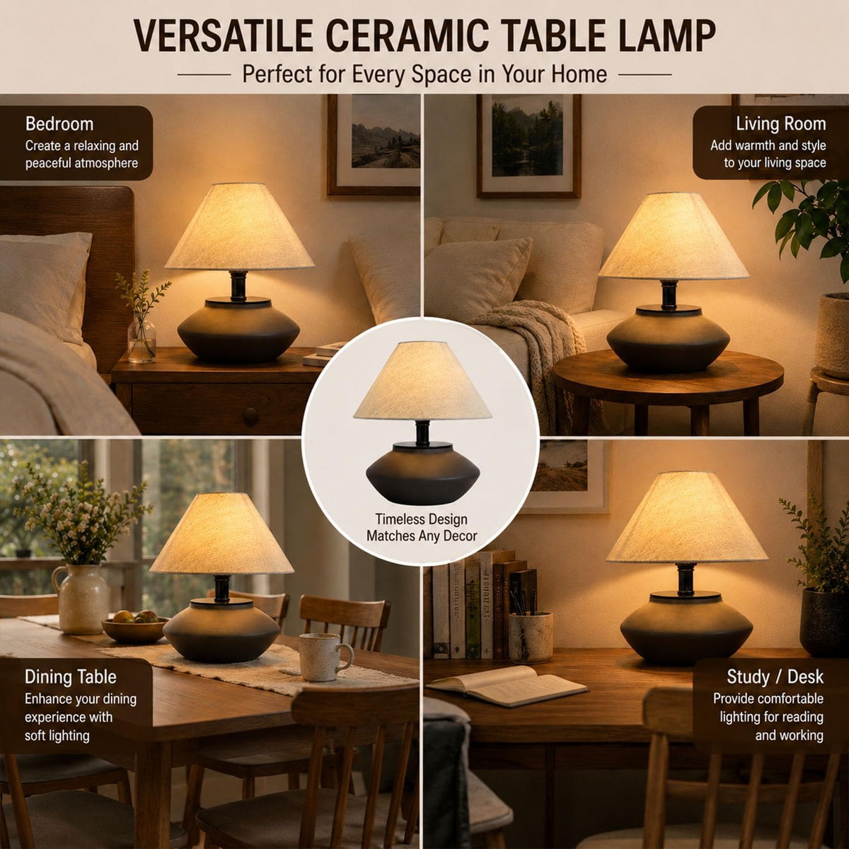 voltnera Farmhouse Ceramic Table Lamp – Black Base, Linen Shade