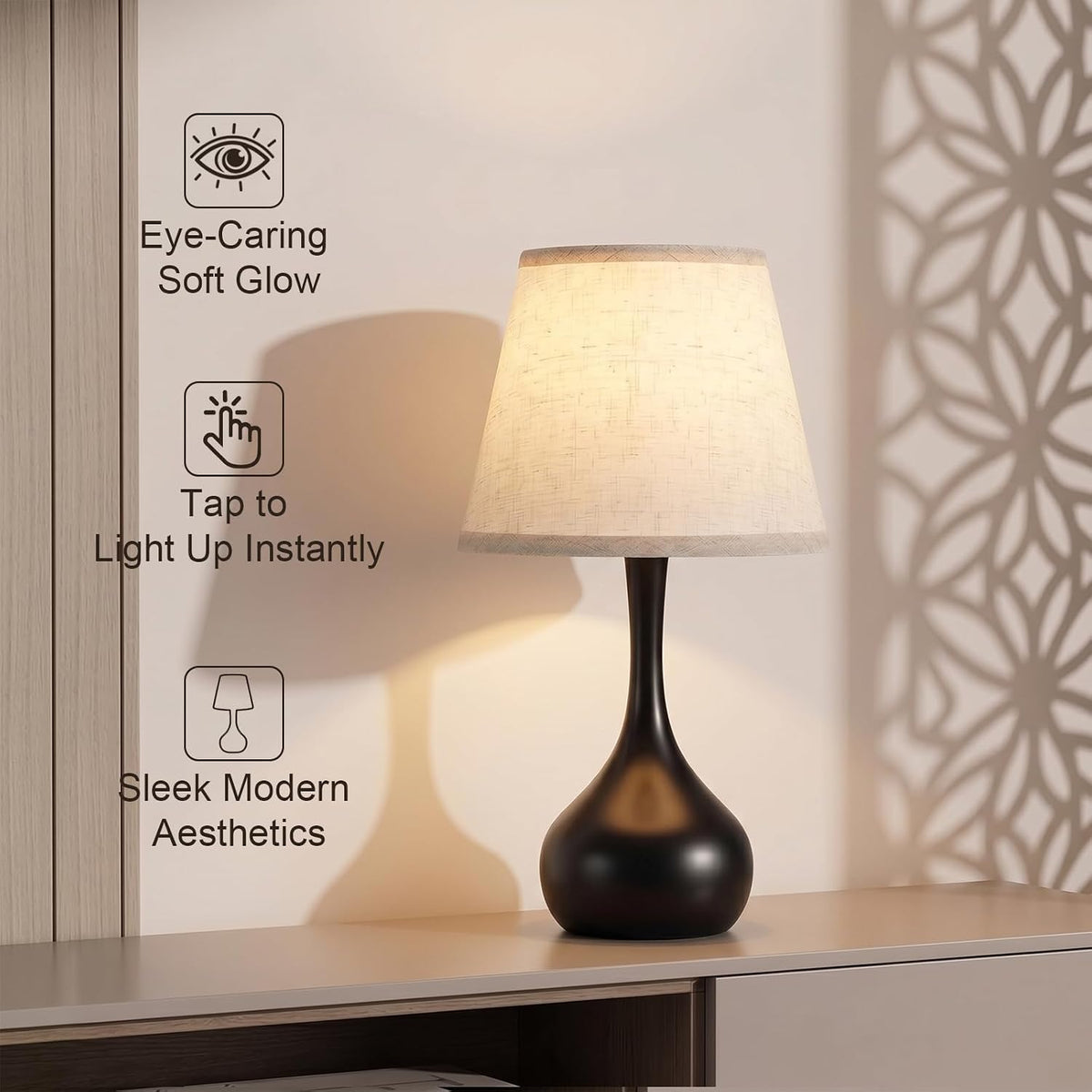 voltnera Touch Bedside Table Lamp – 3-Way Dimmable with Fabric Shade