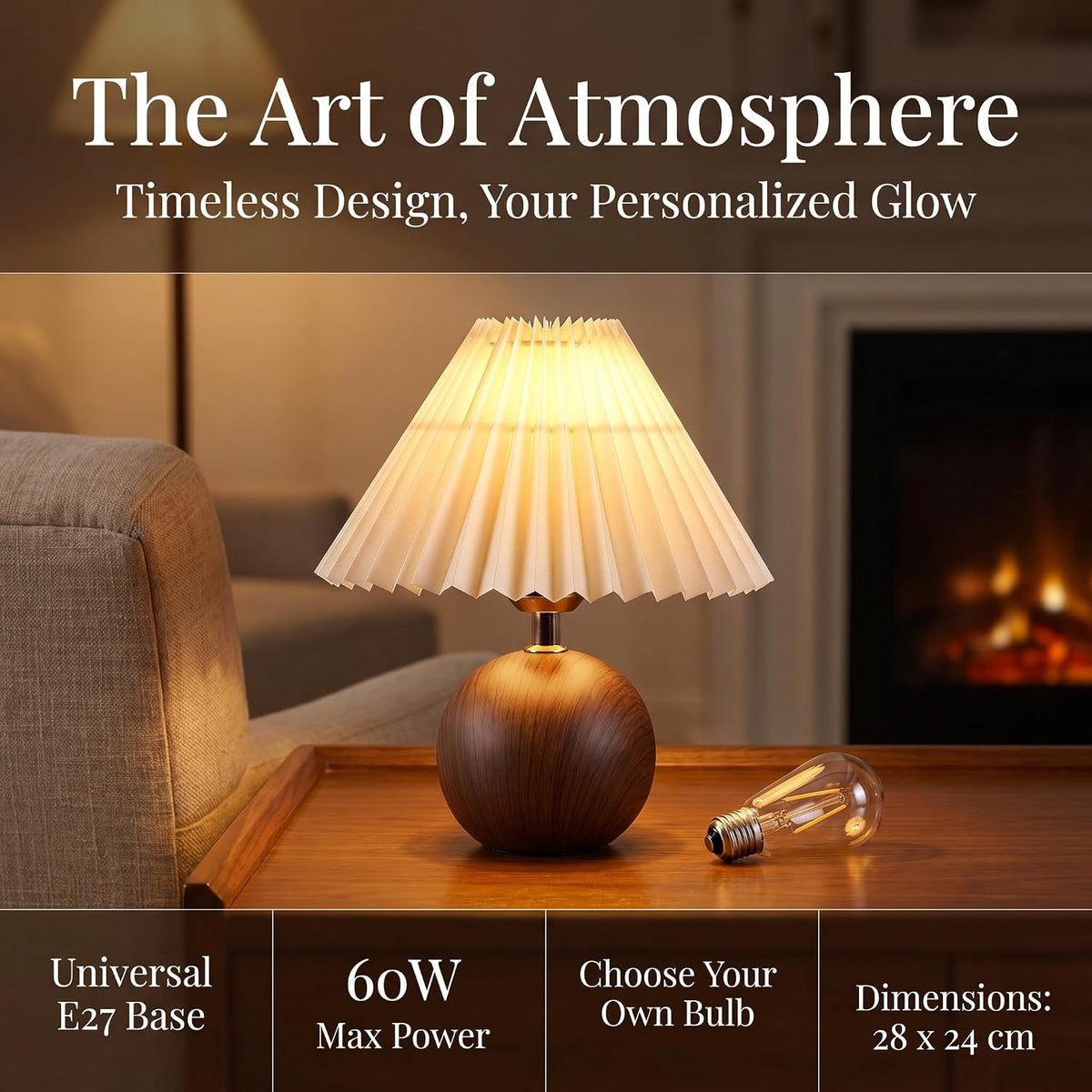 voltnera Ceramic Globe Table Lamp – Walnut Base, Beige Shade