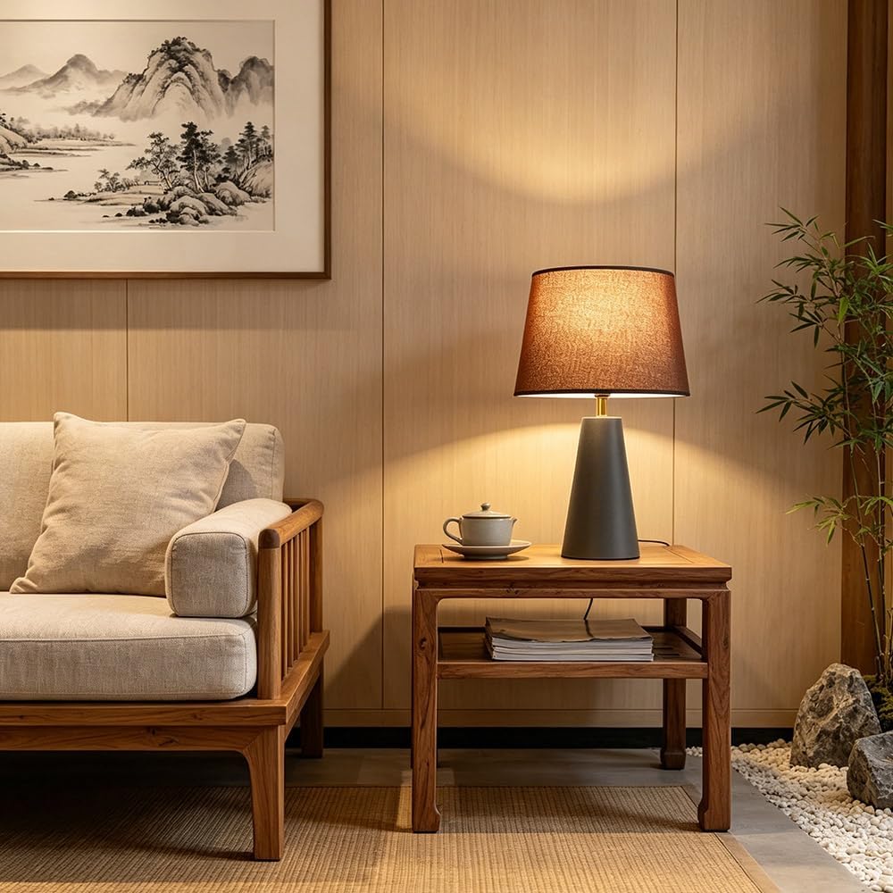 voltnera Modern Bedside Table Lamp – Linen Shade, Black Metal Base