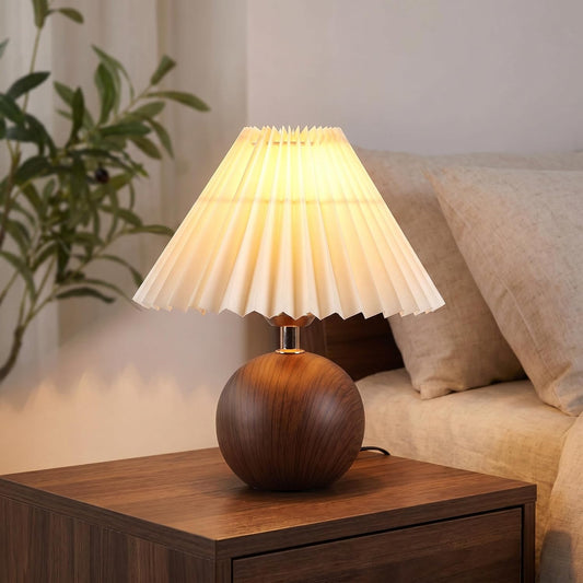 voltnera Ceramic Globe Table Lamp – Walnut Base, Beige Shade