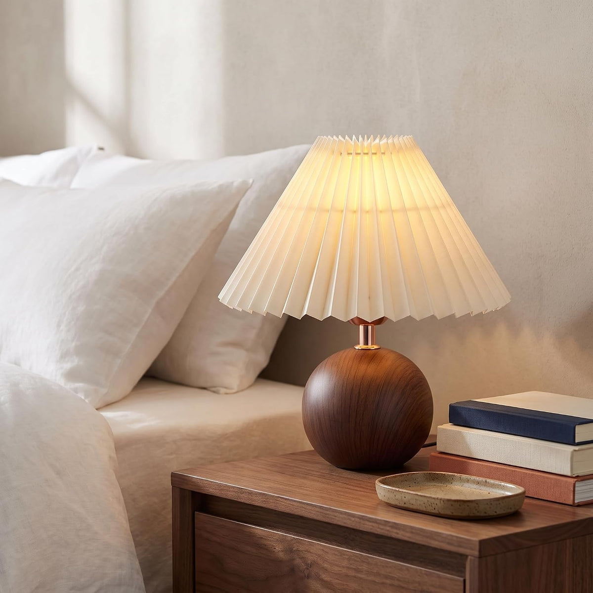 voltnera Ceramic Globe Table Lamp – Walnut Base, Beige Shade