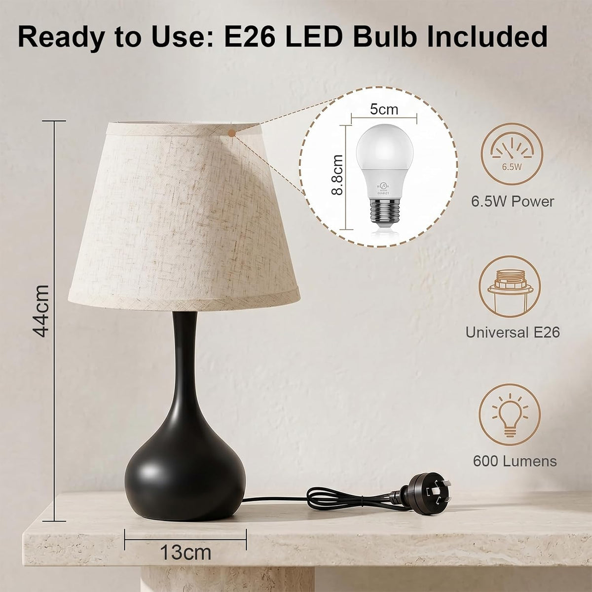 voltnera Touch Bedside Table Lamp – 3-Way Dimmable with Fabric Shade