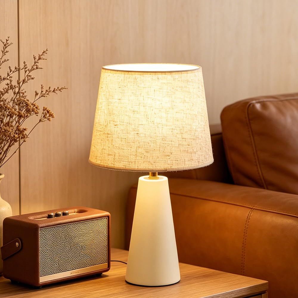 voltnera Modern Bedside Table Lamp – Linen Shade, Black Metal Base