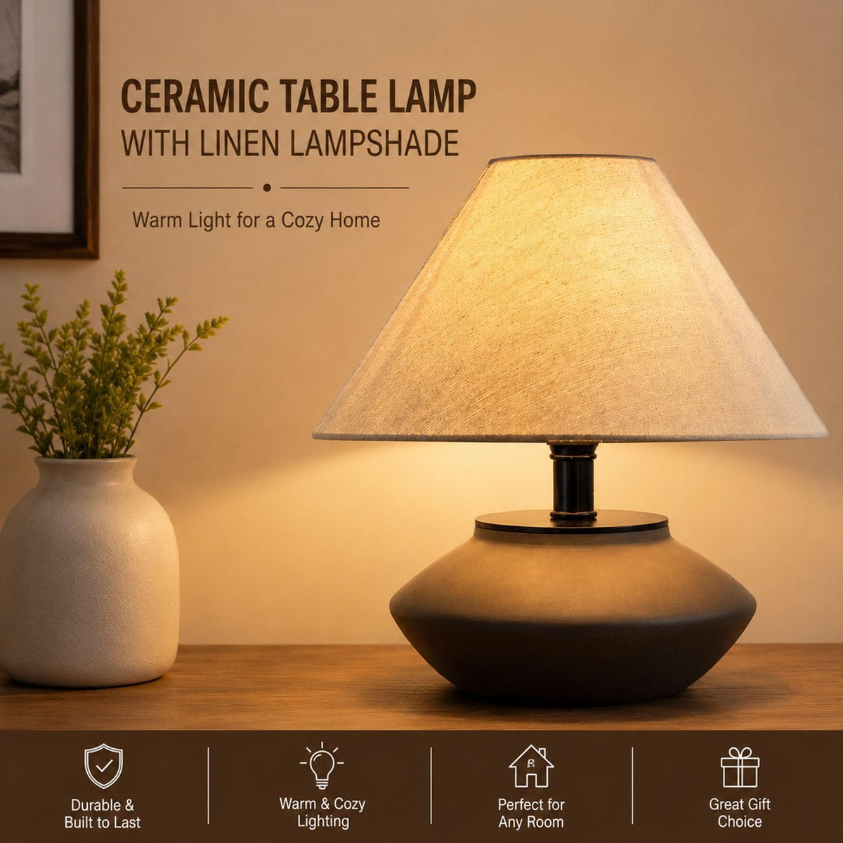 voltnera Farmhouse Ceramic Table Lamp – Black Base, Linen Shade
