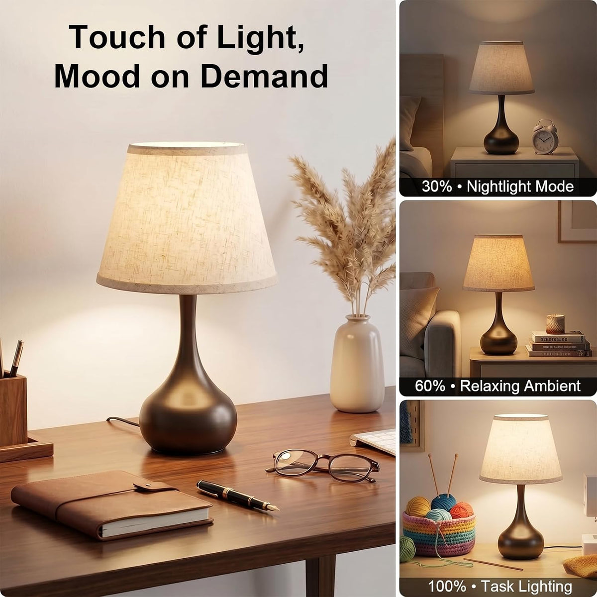 voltnera Touch Bedside Table Lamp – 3-Way Dimmable with Fabric Shade