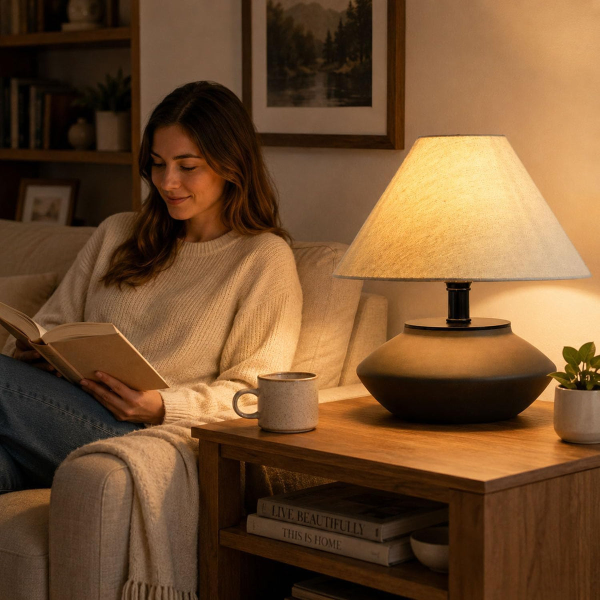 voltnera Farmhouse Ceramic Table Lamp – Black Base, Linen Shade